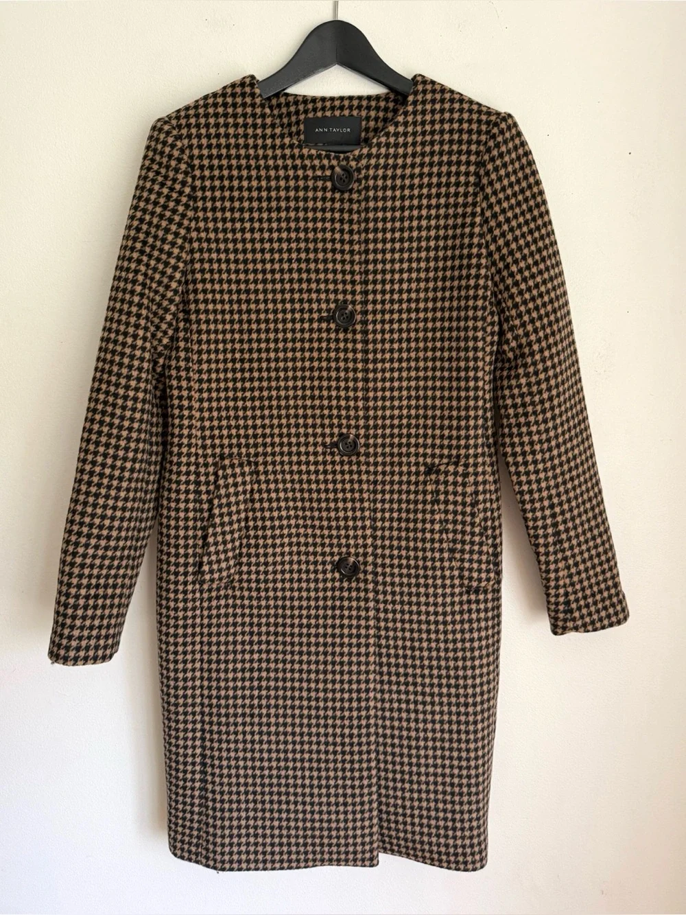 Ann Taylor Heritage Wool Blend Houndstooth Jewel Neck Coat in Brown